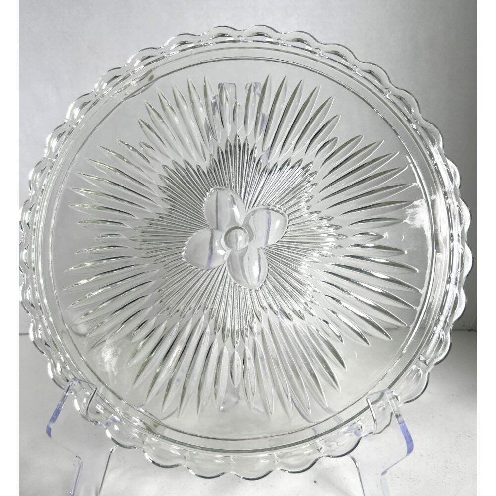 EAPG Indiana Clear Glass Serving Cake Plate Sunburst Design Scalloped Atomic 11"